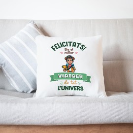 Mugffins Kissen mit Füllung mit Spruch für REISENDER Mann - Auf katalanisch - Millor Univers Trofeu - 40 x 40 cm - originelles und lustiges Geschenk Mitarbeiter