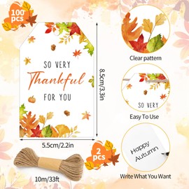 100PCS Thank You Gift Tags Fall Thanksgiving Gift Tags with String So Thankful for You Tag for Present Wrapping Wedding Autumn Holiday Party Favors