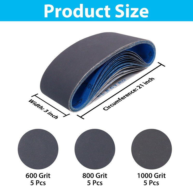 15 Pack 3 x 21 Sanding Belts, Extra Fine Grit