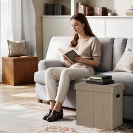 COSYLAND Ottoman with Storage Collapsible Fabric Ottoman Footrest Foot Stool Ottoman for Room Small Slim Tall Folding Ottoman Furniture with Handles Lid 16.5x16.5x10.6in Camel Brown