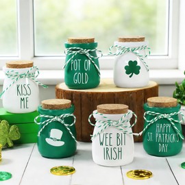 6 Pcs St. Patrick's Day Decorations Mason Jars, Saint Patricks Day Tiered Tray Decor, Mini Shamrock Vases, Farmhouse Irish Holiday Tabletop Centerpiece for Home Kitchen Table Mantel