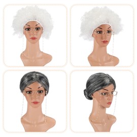 Yingzhao 2 Pcs Old Lady Cosplay Set Grandma Wig Walking Canes Glasses with Chain Walking Cane Necklace Earrings Bracelet