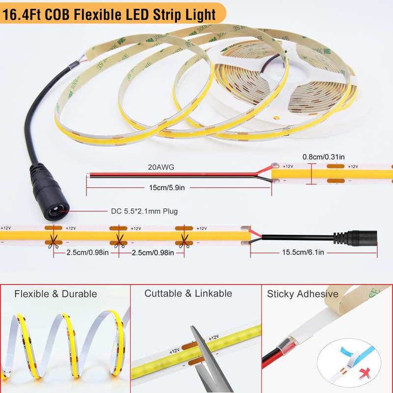 Hosyl Dimmable Warm White Cob Led Strip Light Kit with