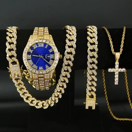 Set of 4, Men'S Watch Collection, Men'S Cuban Necklace and Bracelet Set, Holiday Gifts for Men and Women, Christmas PresentsColor: Golden Blue