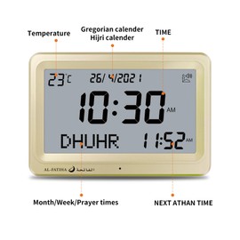 OUD Bukhoor Azan Clock, Automatic Worldwide Digital 8 Azan Prayer Sounds Muslim Prayer Clock for USA Home Decor (Gold)