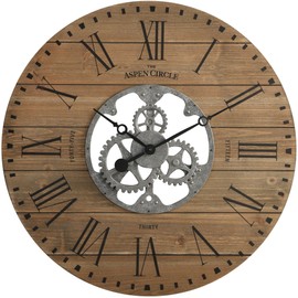 The Aspen Circle Brighton Gears Wall Clock, Brown 27 Inch Round Wooden Roman Numeral Farmhouse Decor for Living Room, Kitchen