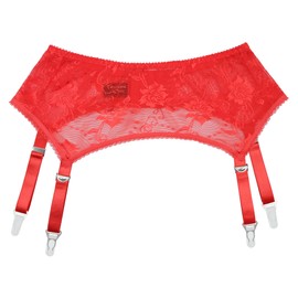 Luxallacki Ladies Delicate Floral Lace Suspender Belt with 4 Adjustable Straps and Metal Clips, Red button clip