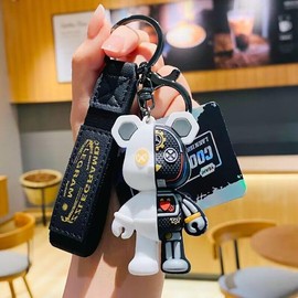 [AIXUAN] Men Women Boys Girls Cool Semi Machine Body Standing Bear Keychain Christmas Gift Animal Pendant Metal Keychain (White)