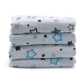 Clevere Kids Muslin Cloths Stars Superior, 80 x 80 cm, Set of 4, Oeko-Tex Standard 100 (Asterion Light Grey/Navy/Aqua)