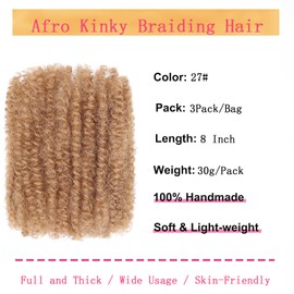TOOPBIUTI Afro Kinky Bulk Hair 8 Inch Spring Twist Braiding Hair Bulk Locs Dreadlock Extensions Afro Kinky Curly Crochet Braid Hair (27#, 8inch-3pc)