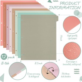 Honoson 12 Sets 8 Tab Binder Dividers for 3 Ring Binders 8.5 x 11 Inch Paper Multicolor Dividers with Plastic Film 3 Hole Punched Page Dividers Sturdy Binder Index Dividers for School (Boho Color)