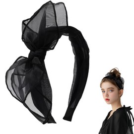 Black Bow Headband Knotted Headband for Women Girls,Solid Colors Gauze Lips Wide Headbands Twist Bow Turban Headwrap Rabbit Ears Hairband with Cloth Wrapped Headwear (Black, One size)