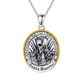 SLIACETE 925 Sterling Silver Santa Muerte Necklace for Women La Santa Muerte Pendant Necklace Religious Amulet Jewelry Gifts for Mom Daughter Wife Girlfriend