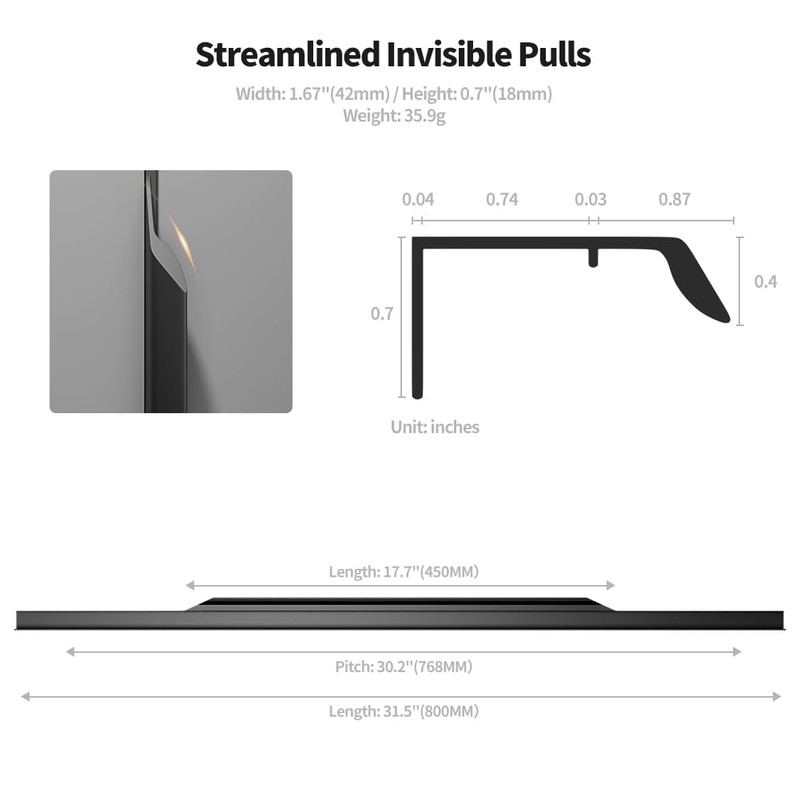 Precisluck 5 Pack 800mm(31.4 Inch) Black Edge Finger Pull Drawer