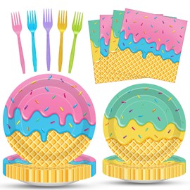 100 Pcs Ice Cream Cone Party Supplies Set, Serves 25 – Disposable Paper Plates, Napkins, and Colorful Forks, Ice Cream Themed Tableware for Kids Birthday, Summer, Sweet Shop, Dessert Party Decorations