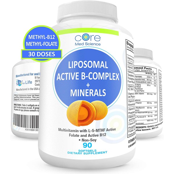 Liposomal Active Methylated B-Complex, Minerals, Antioxidants - Complete Multivitamin with Bioavailable Methylated Folate and B-12 - Non-GMO, Gluten and Soy-Free - Made in USA, 90 Softgels