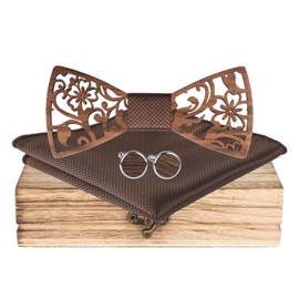 Mr.Van Wooden Bow Tie, Wooden Bow Tie, Men's Natural Black Walnut Hollow Carved Flowers, Bow Tie, Cufflinks, Pocket Square Set, Groom, Best Man, Wedding, Prom with Gift Box for Men, brown