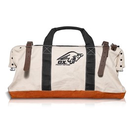 OX Tools 24 Inch Canvas Mason Tool Bag Canvas Utility Bag Reinforced and Riveted opening frame Nylon Strap Handles Suede Leather Bottom OX-P262924