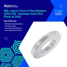 Accu - M8 x 16mm Form A Flat Washers (DIN 125) - Stainless Steel (A2) (Pack of 100)