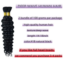 Human Braiding Hair 14 Inch 100 g 2 Bundle Deep Water Wave Bulk Human Hair for Braiding Curly Human Hair for Boho Braids Wet and Wavy Human Hair Extensions No Weft Micro Braiding Hair 1B Natural Black