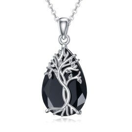 Hancock - Collar de plata de ley con árbol de la vida, diseño de árbol de la vida, diseño de turmalina, color negro, árbol de la vida, regalo de cumpleaños para mujeres, Plata esterlina, Turmalina