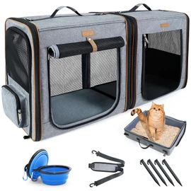 Lekereise Large Cat Carrier for 2 Cats, 2-in-1 Cat Travel Carrier with Litter Box, (17.7" x2) x16.5"x13" Pet Carrier with Zipper Locks for Moving Across The Country (No Hammock) - Grey