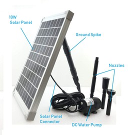 10W Solar Water Pump KIT: DC Brushless Submersible Water Pump 186 GpH with 18V 10W Solar Panel for Solar Fountain, Fish Pond, and Aquarium (No Backup Battery)