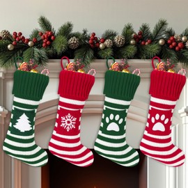 AUTOWT 4 Medias Navideñas de Punto, Árbol de Navidad Clásico, Copo de Nieve Estampado de Patas Calcetines Personalizados, Decoración de Fiesta de Navidad Decoración de Chimenea
