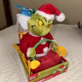 Dr Seuss New Grinch Stole Christmas on Santa's sleigh Animated Plush Toy Sled Gemmy 2024