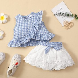 imKutie Toddler Girls Dress, Infant Baby Girl Plaid Sleeveless Ruffle Tops + Bowknot Embroidered Skirts 2PCS Clothes Set for 3 Months- 3 Years