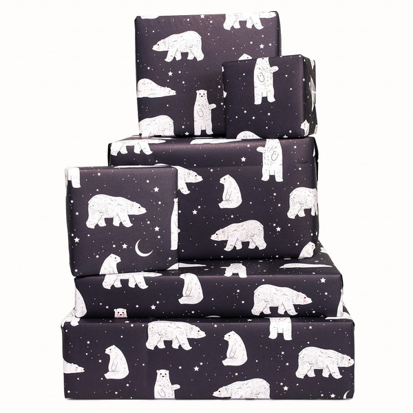 CENTRAL 23 Black Wrapping Paper Christmas - Kids Christmas Wrapping Paper - (6x) Holiday Gift Wrap Sheets - Cute Winter Polar Bears - Xmas Holiday Presents For Boys Girls - Thick Recyclable