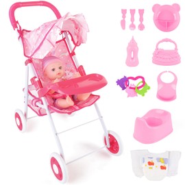 deAO Baby Doll Stroller 12" Baby Doll Set with Foldable Doll Stroller 15 PCS Baby Doll Accessories for Toddlers 3-5 Christmas Birthday Gifts