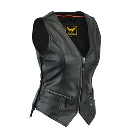 TackField Womens Motorcycle Leather Vest Heavy-Duty Top Grain Cow Hide Classic Biker Style Vest (US, Alpha, Medium, Regular, Regular, Black)