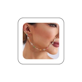 Inilbran Boho Crystal Clip On Nose Ring Vintage Flower Tassel Chain Nose Ring Gold Colourful Flower Fake Nose Ring Punk Not Pierced Nose Ring Jewellery for Women and Girls, Stainless Steel