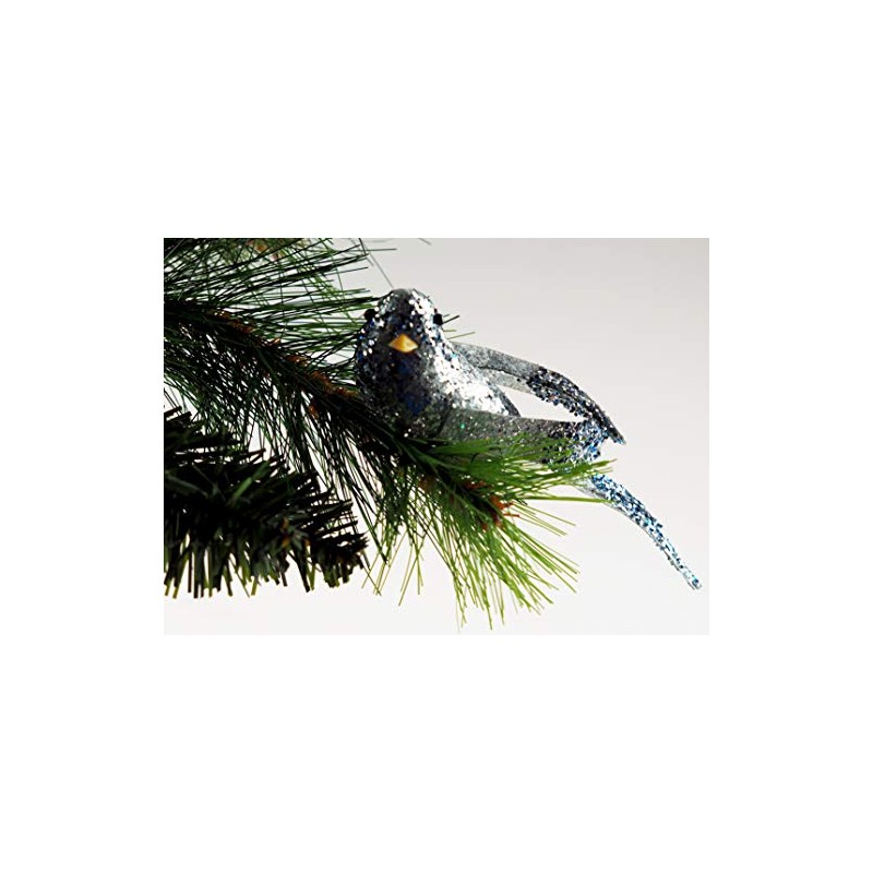 6 x Silver Glitter Encrusted Song Birds - Christmas Tree