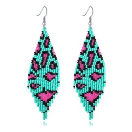 CALORVIA Bohemian Large Long Tassel Beaded Dangle Earrings Leopard Handmade Boho Statement Big Fringe for Women (Teal Green)