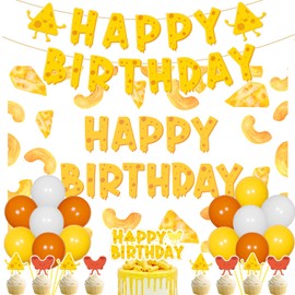 43Pcs Cheese Themed Birthday Party Decorations Sweet Cheesy Happy Birthday Banner Macaroni and Cheese Backdrop Cupcake Toppers for Kids Dairy Mac and Cheese Theme Pasta Pizza Birthday Party Supplies
