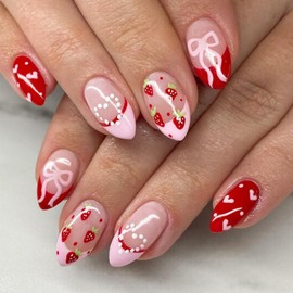 Valentine's Day Press on Nails Short Fake Nails Strawberry Love Bow Glue on Nails Glossy Full Cover Almond Stick on Nails with Acrylic desigs Pink Nails French Tip False Nails for Women 24pcs