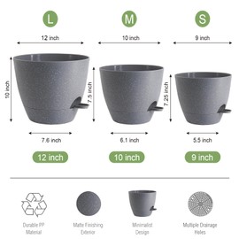 UOUZ Large Self Watering Pots, 12/10/9 Plastic Planters with High Drainage Holes and Deep Reservoir for Indoor Outdoor Garden Plants and Flowers, Grey Speckles