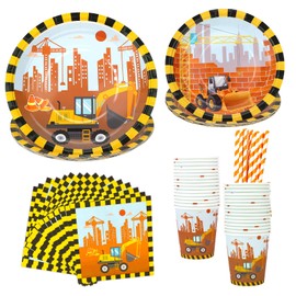 PHOGARY 81 Pieces Construction Site Birthday Decoration, Digger Birthday Decoration, Party Tableware, Construction Party Tableware Set for 16 Guests, with Paper Plates, Children's Birthday, Paper