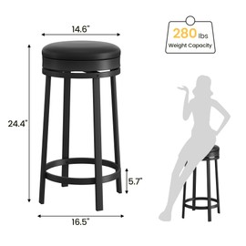 GarveeHome Swivel Bar Stool Set of 4, 24.4" Counter Height Bar Stool with Upholstered PU Leather Cushion, Round Backless Kitchen Barstool with Metal Frame for Kitchen Home Bar, Black