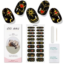 JMEOWIO Gel Nail Stickers Moon Star Black Semi Cured Gel Nail Strips Wraps UV/LED Nail Supplies Nail Art Design Decoration Accessories