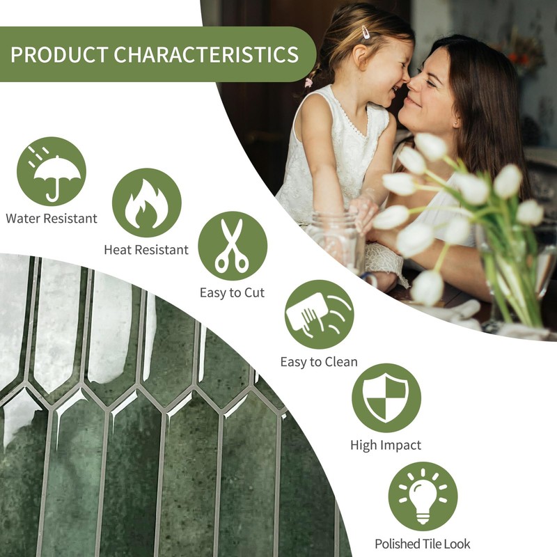 Green Long Hexagon Tile Peel and Stick Backsplash, 10 Sheets