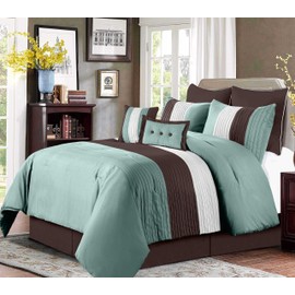 Chezmoi Collection Loft 8-Piece Luxury Striped Comforter Set (California King, Blue/Beige/Chocolate Brown)