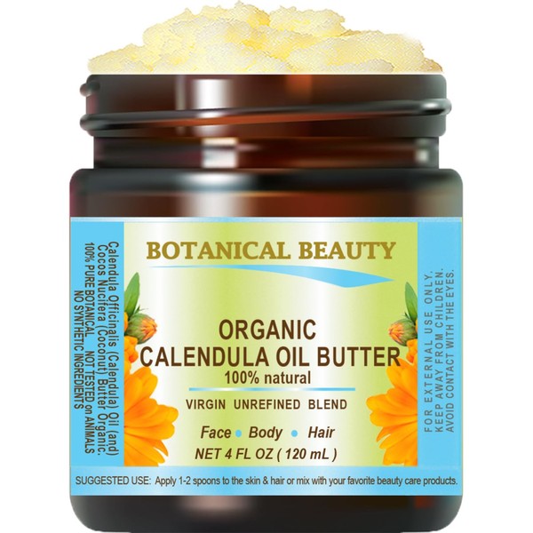 Botanical Beauty Organic CALENDULA OIL BUTTER Calendula Officinalis Marigold Oil Butter 100% Pure Natural for FACE, SKIN, BODY, HAIR, NAILS, Foot Care. Foot oil butter 4 Fl.oz.- 120 ml
