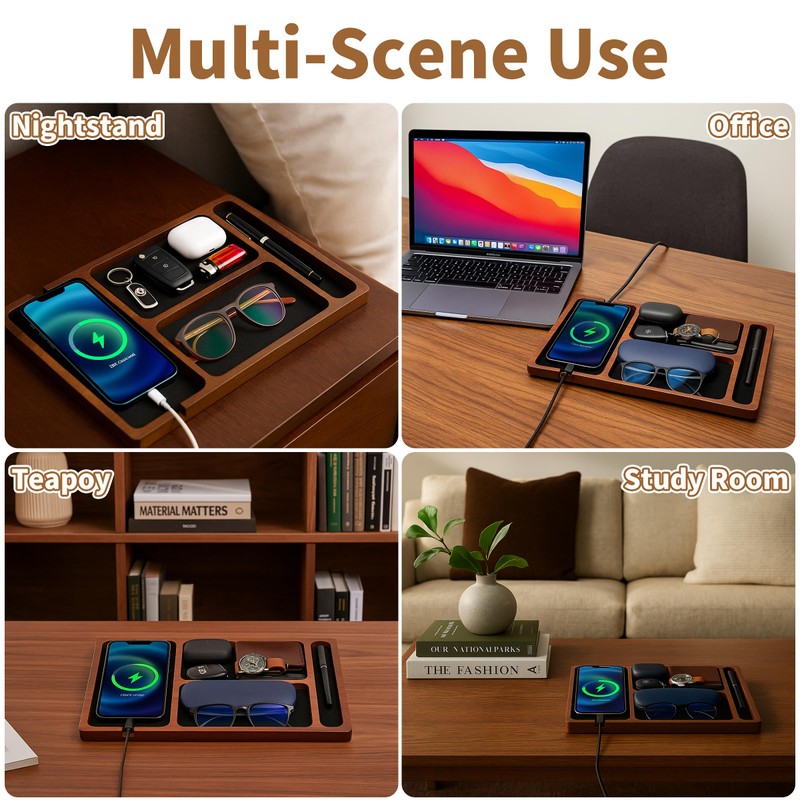 Valet Tray, Multi-Space Acacia Wood Leather Surface Desk Organizer Tray