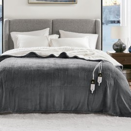 Degrees of Comfort Electric Heated Blanket Queen Size with Dual Control - Soft Flannel Heating Blankets with 6 Heat Settings, 10-Hour Auto Shut-Off, Overheat Protection, ETL Certified - 84x90'', Grey
