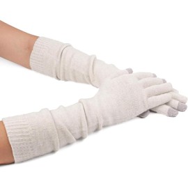 Women Knit Long Gloves Touchscreen Blended Arm Warmers with Fingers Winter Warm Gloves - Color: white