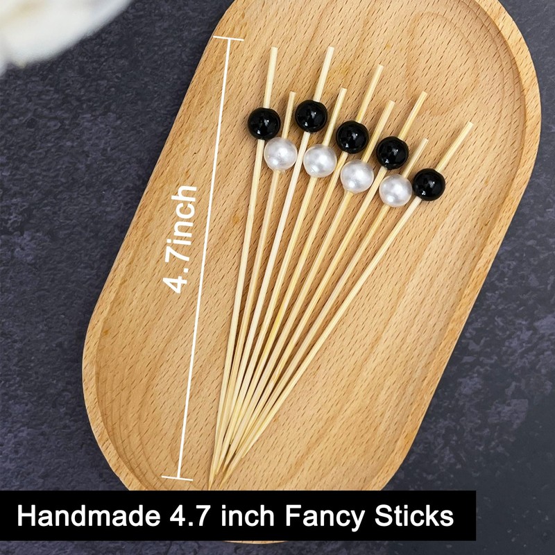 Cocktail Picks,100 Pcs Black Pearl White Pearl Toothpicks for Appetizers,4.7