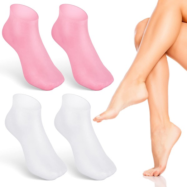 Noverlife 2 Paar Silikon-Feuchtigkeitssocken Anti-Rutsch-Aloe-Socken für trockene rissige Füße Frauen & Erweichung trockener rissiger Füße rauer Haut, Spa-Gel-Socken Fußpflege – Pink & Weiß